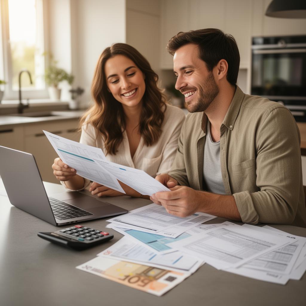 Couple français souriant qui calcule ses économies d'impôts avec une calculatrice et sa déclaration de revenus